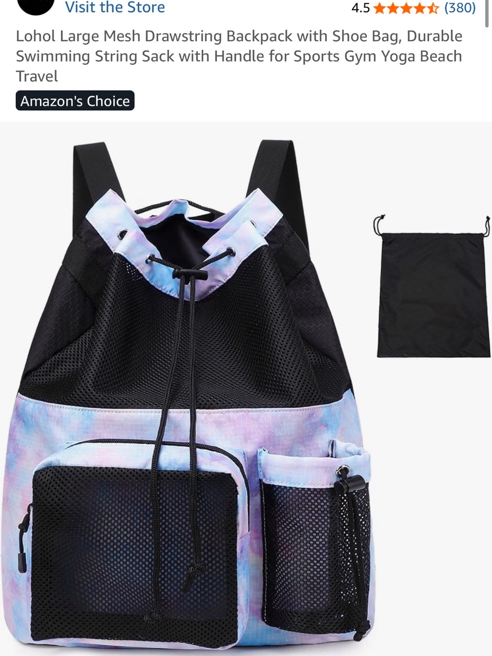 Mesh Drawstring Backpack for Women - Pastel Tie-Dye Black Accent